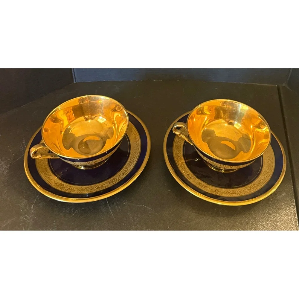 Limoges Legle Porcelaine d'Art Demitasse Cups Saucers Cobalt Blue Gold Set Of 2